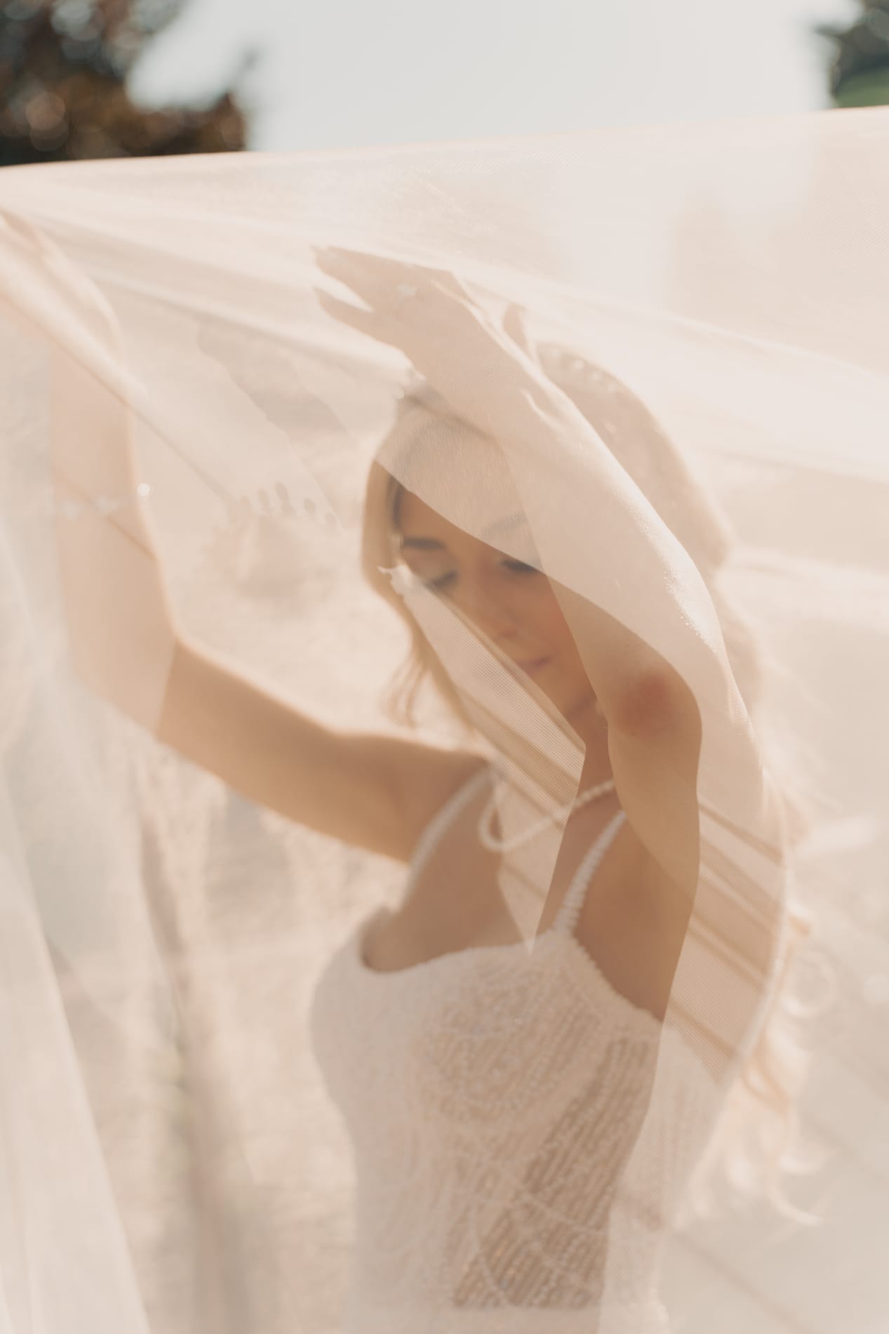 Bride lifting her cathedral veil overhead in soft window light